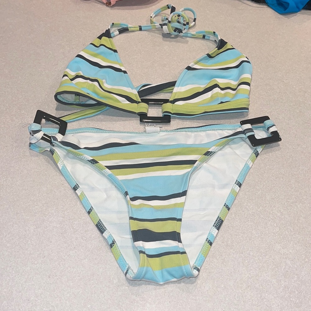 Blink large stripe pastel colors with black acrylic hip connect bikini